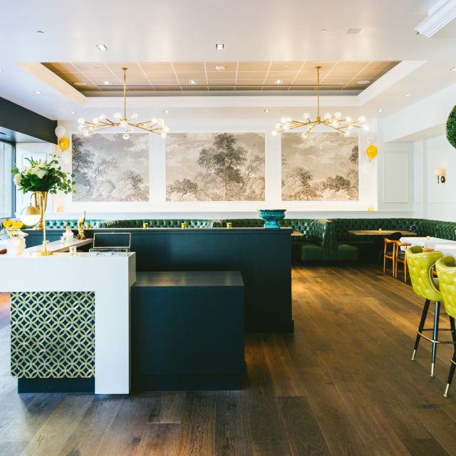 Modern restaurant interior with a bar counter, chairs, and decor.