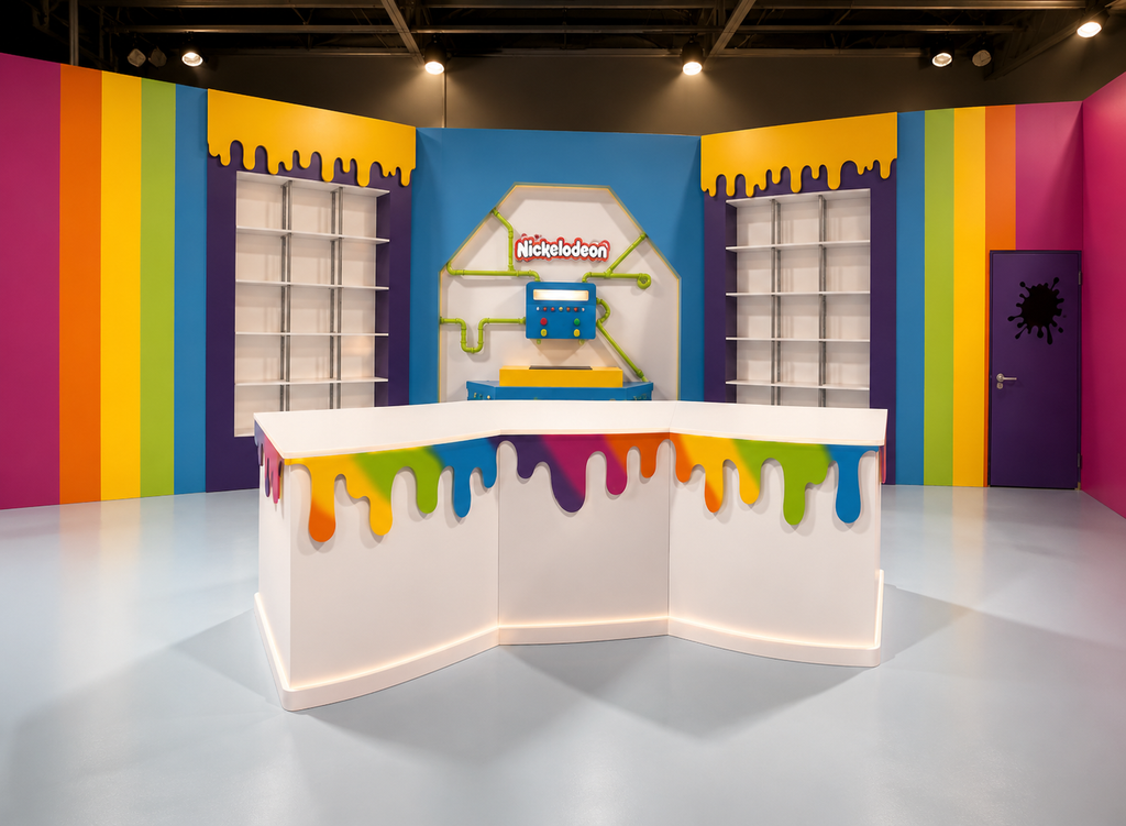 Colorful room with a children's play area featuring a rainbow design on the walls and floor.