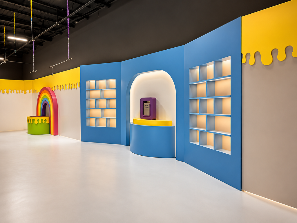 Colorful interior design with blue walls, yellow accents, and a rainbow arch.