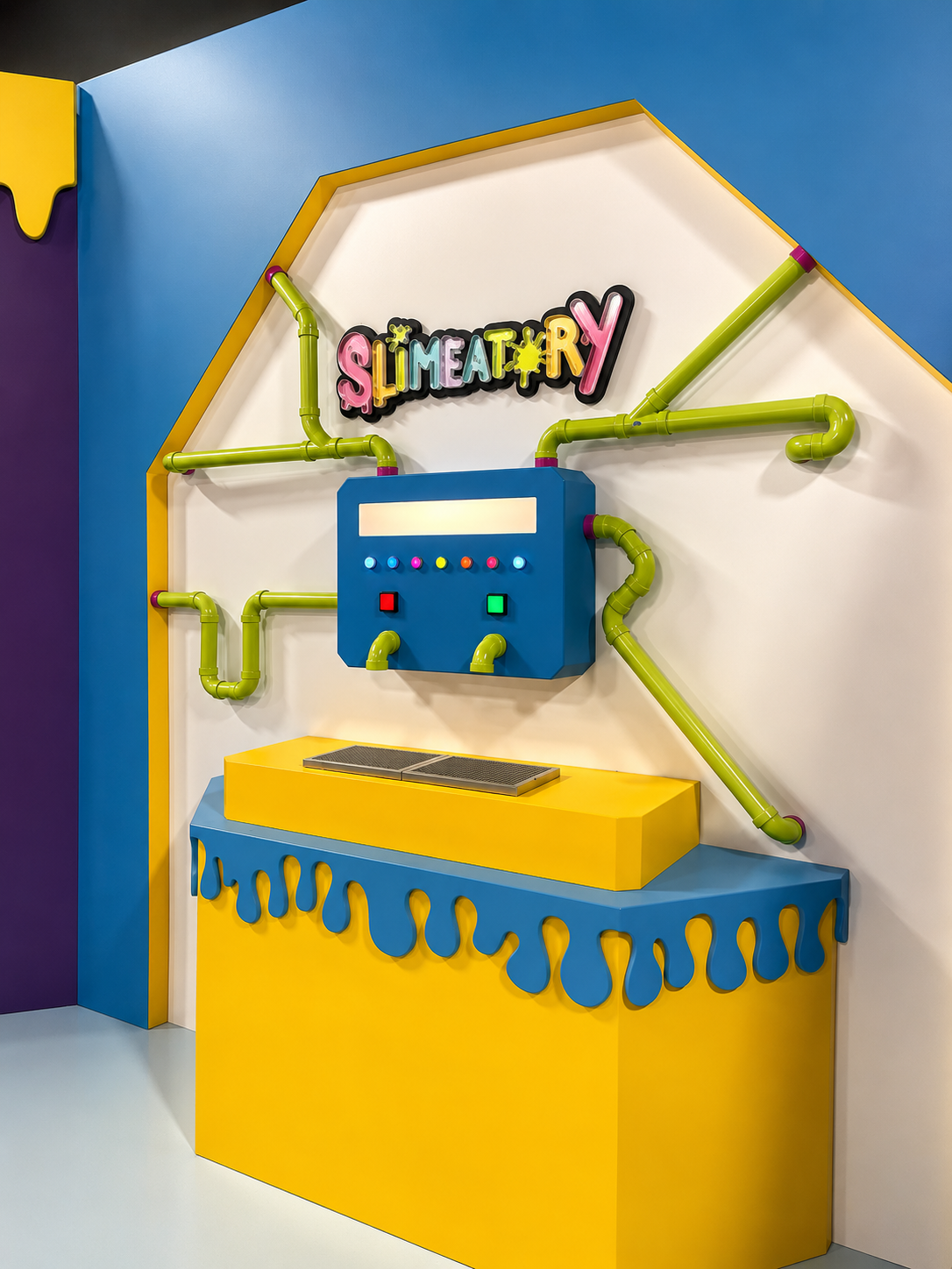 Colorful slime-themed display with 'Slimeatory' branding on a blue wall.