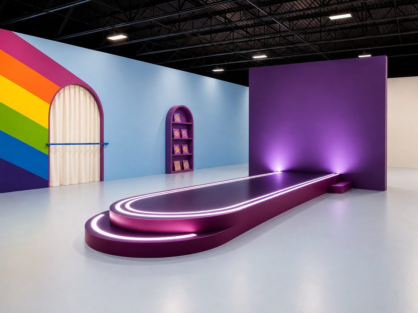Modern interior design with colorful walls and a curved purple stage.