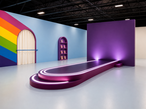 Modern interior design with colorful walls and a curved purple stage.